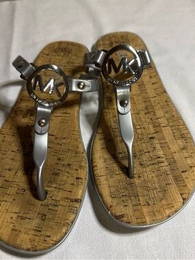 Michael Kors Silver Metallic MK Cork-Style Thong Sandals